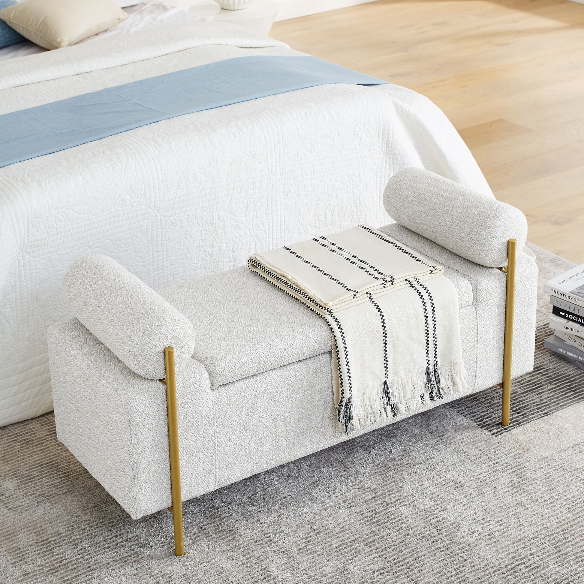 Elegant Upholstered Linen Storage Bench with Cylindrical Arms and Iron Legs for Hallway Living Room Bedroom, White image 5