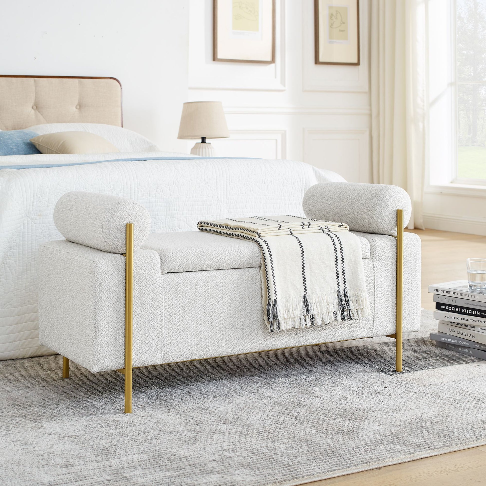 Elegant Upholstered Linen Storage Bench with Cylindrical Arms and Iron Legs for Hallway Living Room Bedroom, White image 1