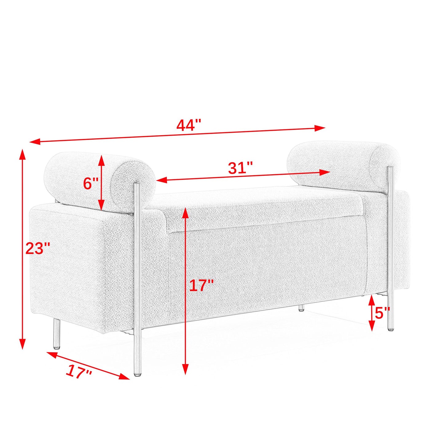 Elegant Upholstered Linen Storage Bench with Cylindrical Arms and Iron Legs for Hallway Living Room Bedroom, White image 13