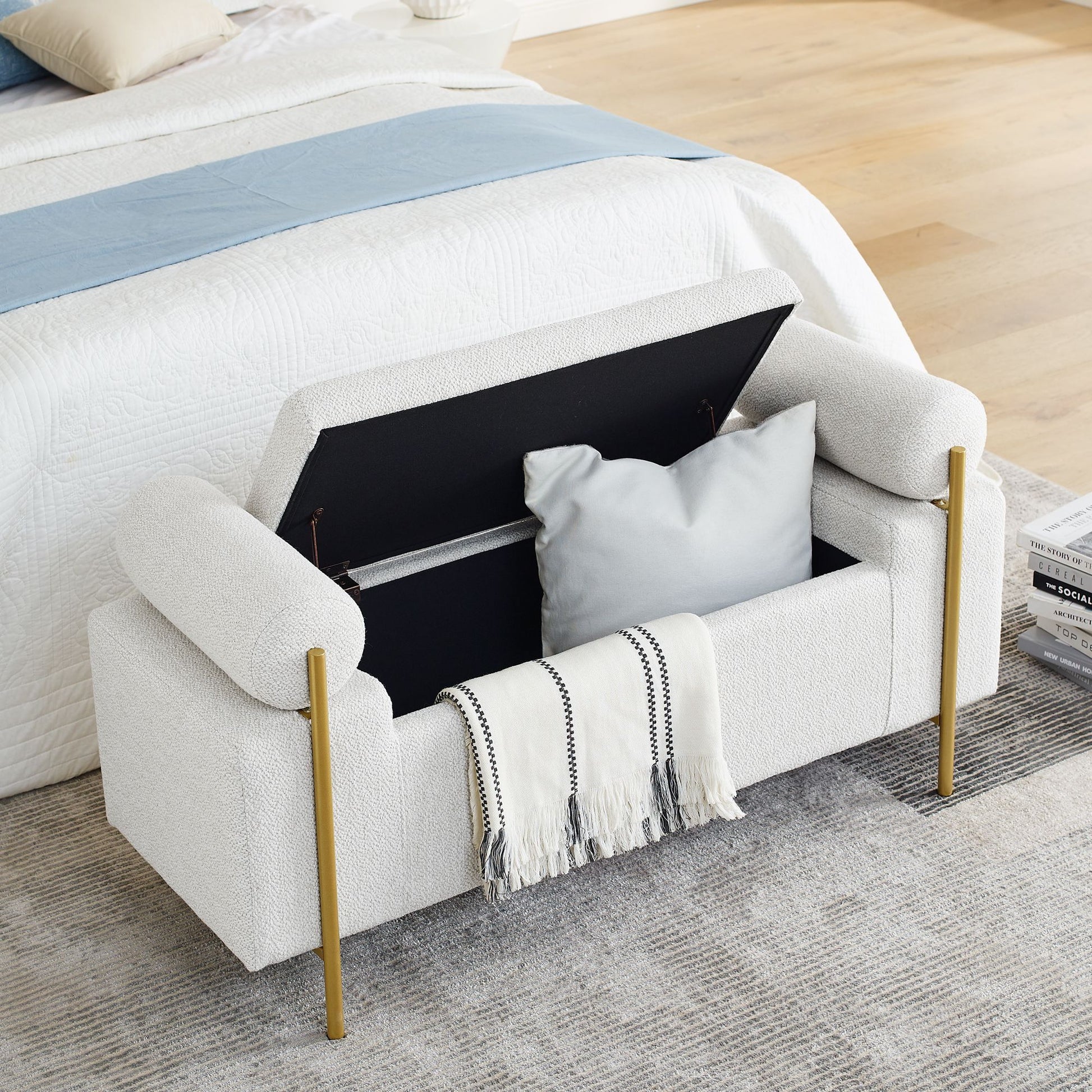 Elegant Upholstered Linen Storage Bench with Cylindrical Arms and Iron Legs for Hallway Living Room Bedroom, White image 4
