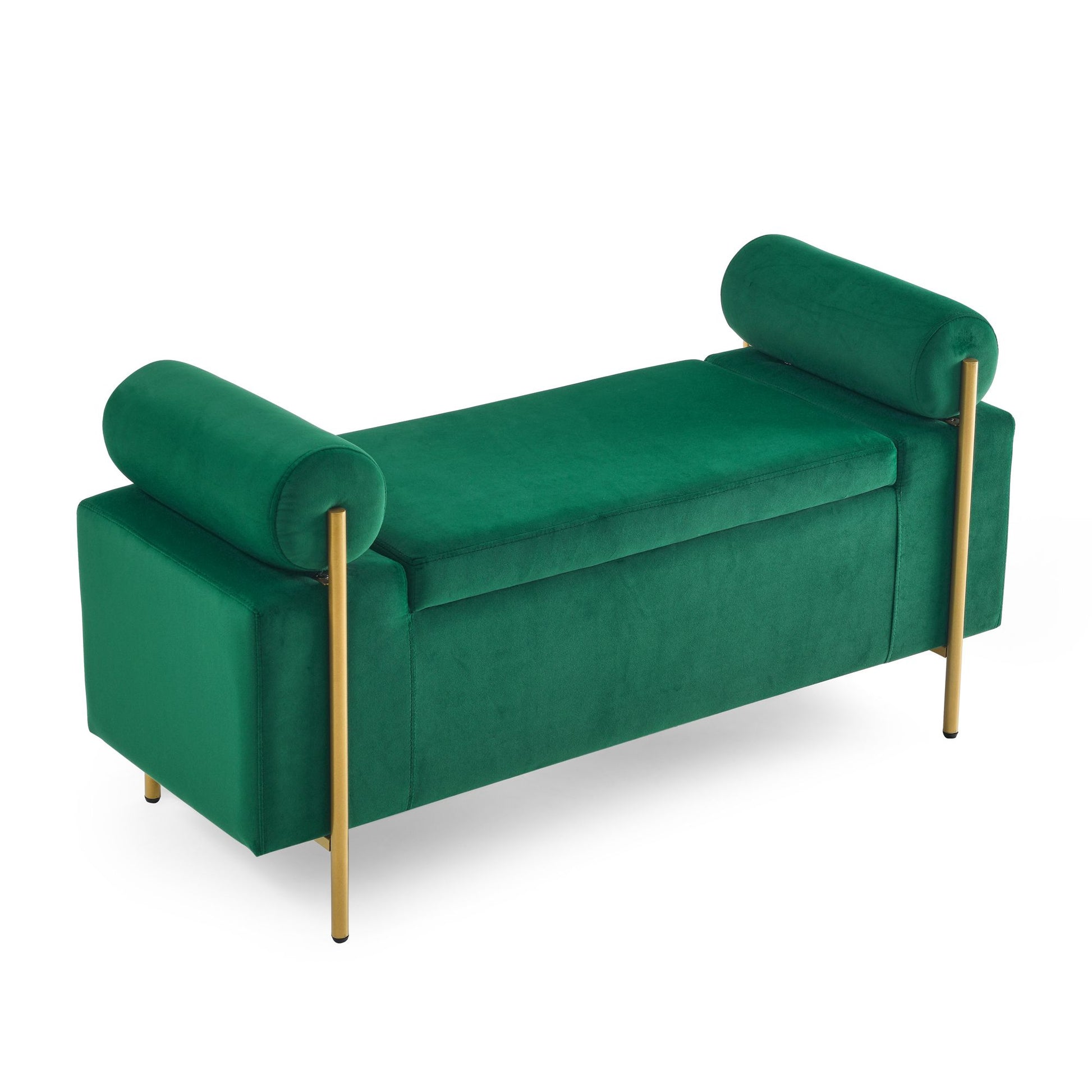 Elegant Upholstered Velvet Storage Bench with Cylindrical Arms and Iron Legs for Hallway Living Room Bedroom, Green image 11