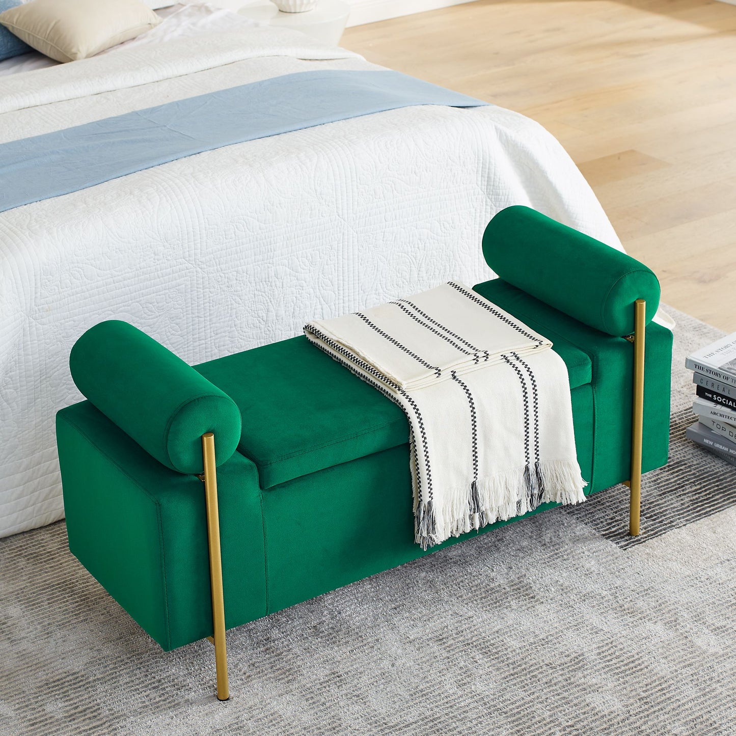 Elegant Upholstered Velvet Storage Bench with Cylindrical Arms and Iron Legs for Hallway Living Room Bedroom, Green image 4