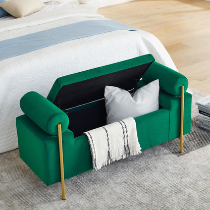 Elegant Upholstered Velvet Storage Bench with Cylindrical Arms and Iron Legs for Hallway Living Room Bedroom, Green image 2