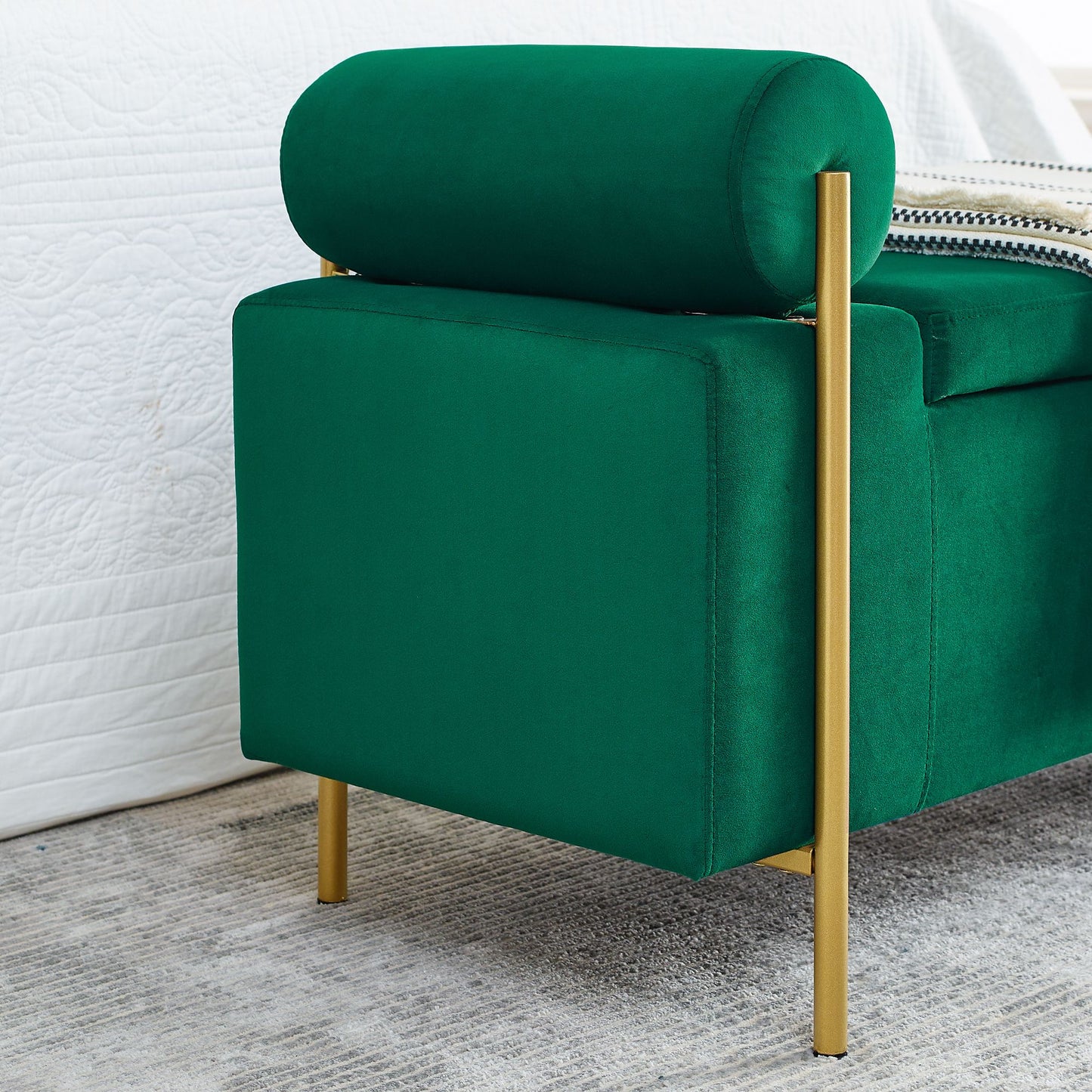 Elegant Upholstered Velvet Storage Bench with Cylindrical Arms and Iron Legs for Hallway Living Room Bedroom, Green image 9