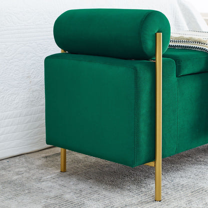 Elegant Upholstered Velvet Storage Bench with Cylindrical Arms and Iron Legs for Hallway Living Room Bedroom, Green image 9