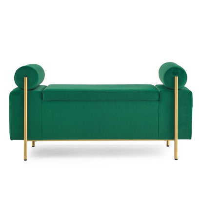 Elegant Upholstered Velvet Storage Bench with Cylindrical Arms and Iron Legs for Hallway Living Room Bedroom, Green image 10