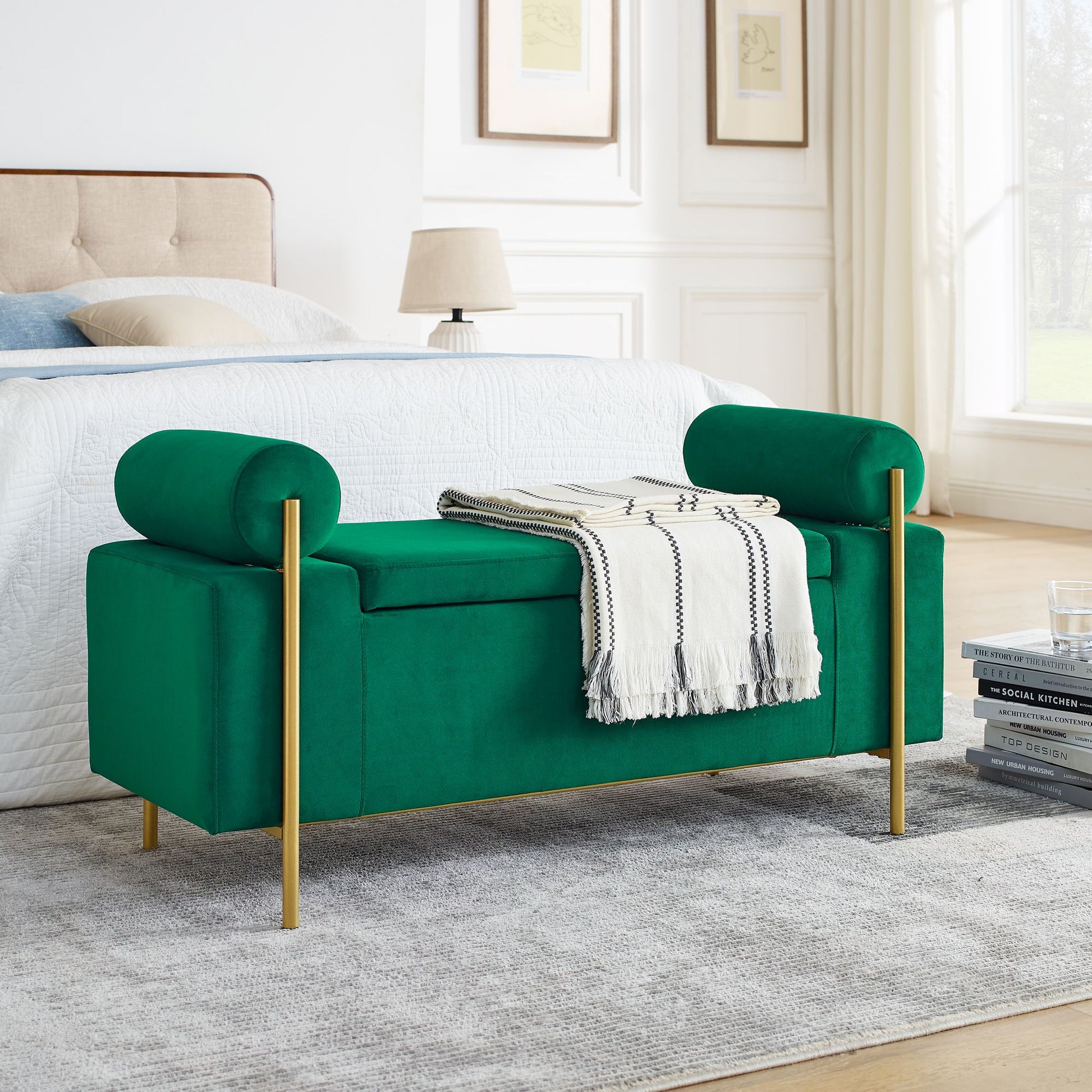 Elegant Upholstered Velvet Storage Bench with Cylindrical Arms and Iron Legs for Hallway Living Room Bedroom, Green image 1