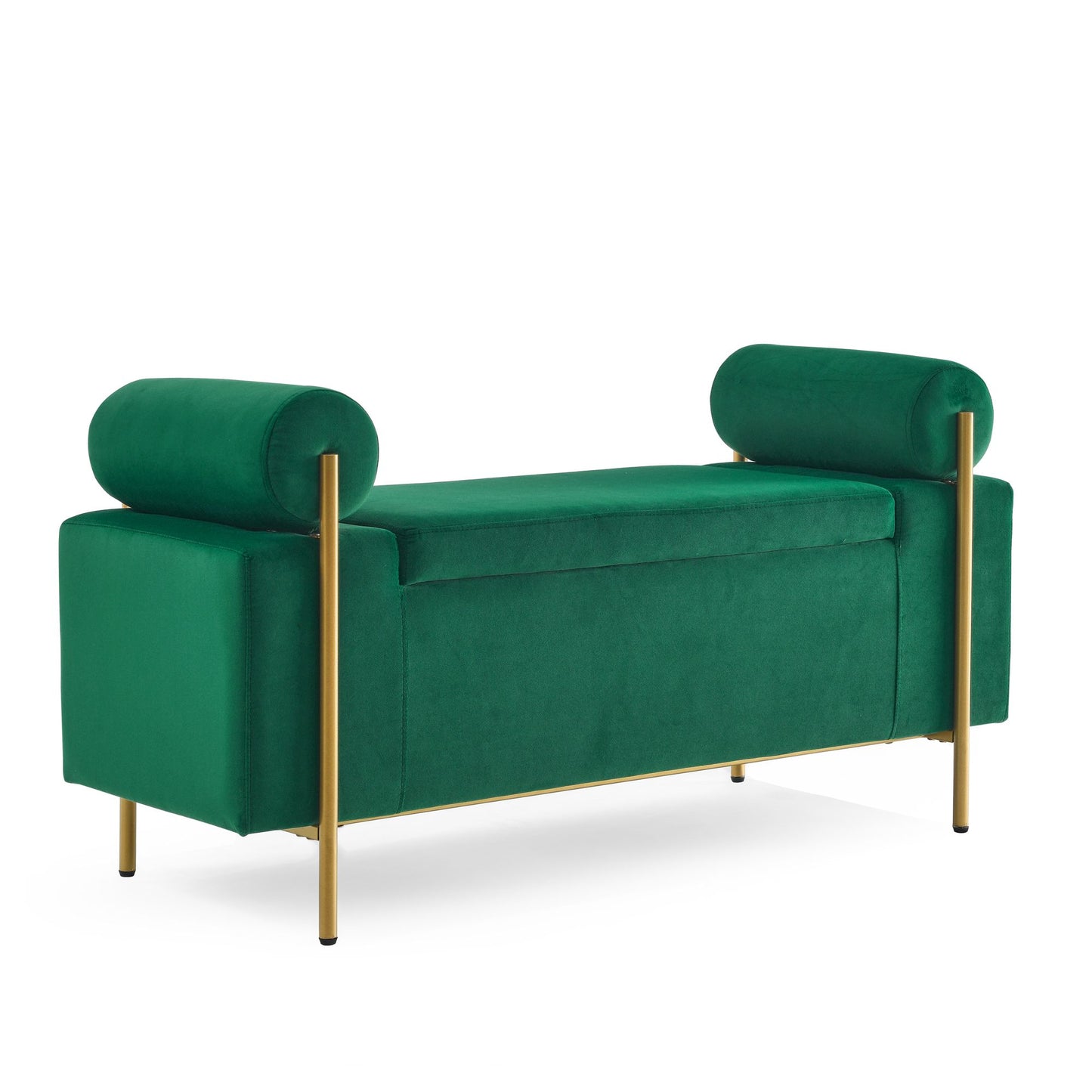 Elegant Upholstered Velvet Storage Bench with Cylindrical Arms and Iron Legs for Hallway Living Room Bedroom, Green image 12