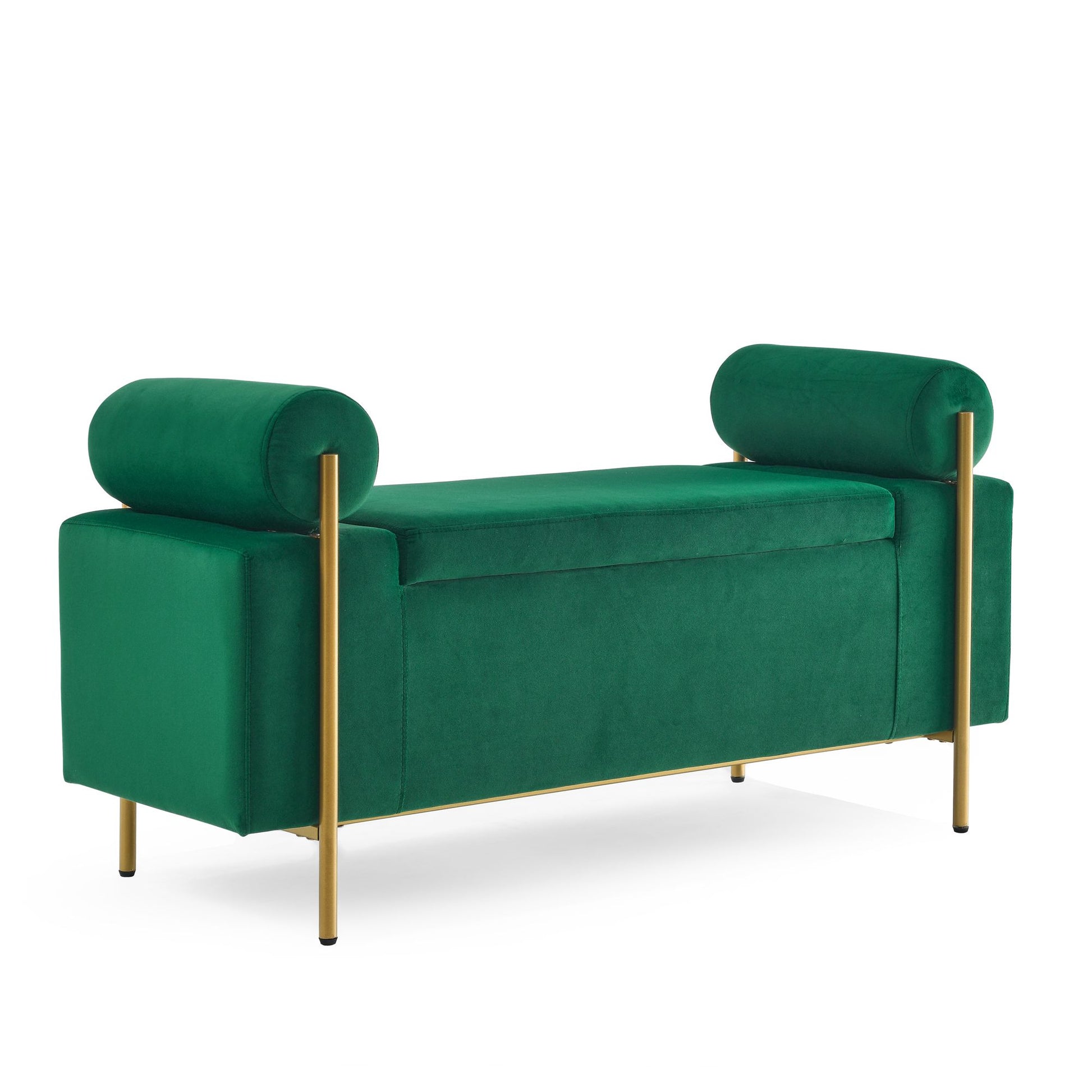 Elegant Upholstered Velvet Storage Bench with Cylindrical Arms and Iron Legs for Hallway Living Room Bedroom, Green image 12