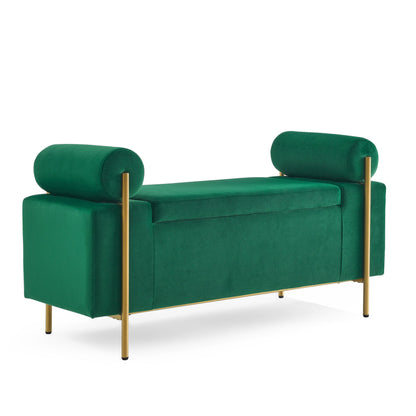 Elegant Upholstered Velvet Storage Bench with Cylindrical Arms and Iron Legs for Hallway Living Room Bedroom, Green image 12