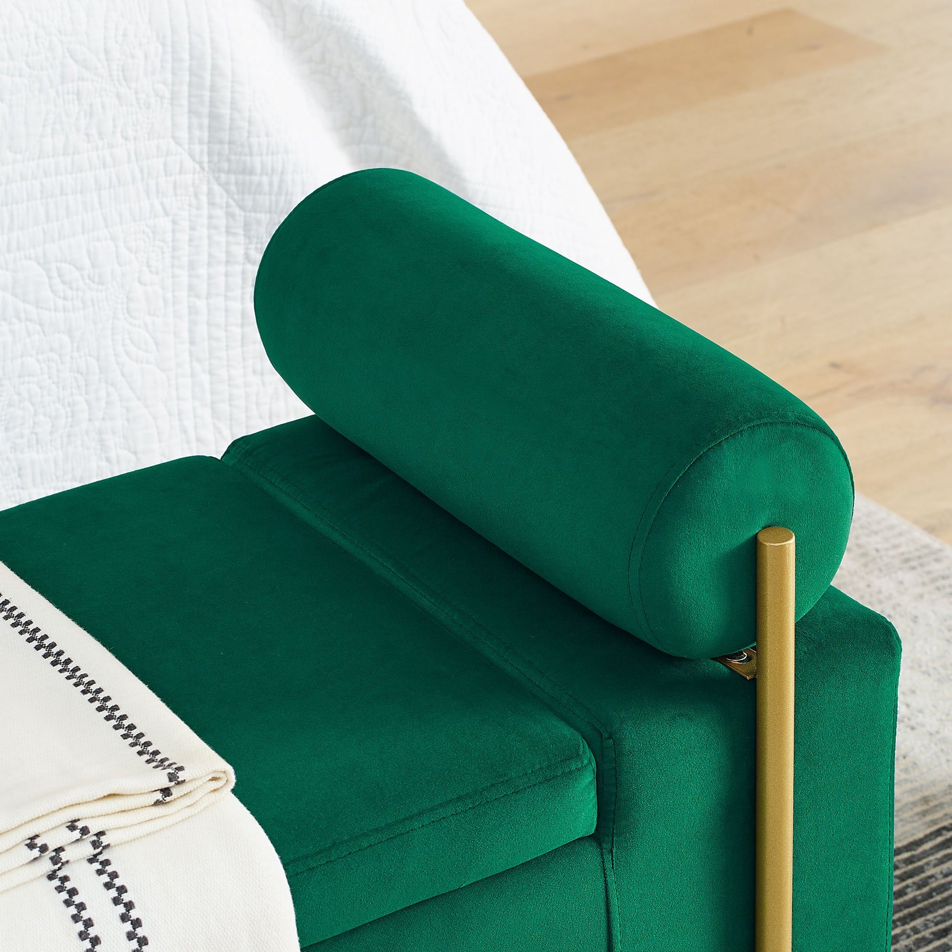 Elegant Upholstered Velvet Storage Bench with Cylindrical Arms and Iron Legs for Hallway Living Room Bedroom, Green image 6