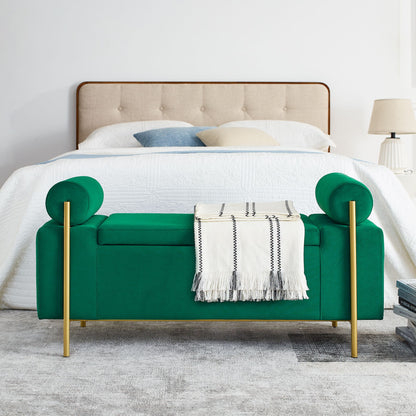 Elegant Upholstered Velvet Storage Bench with Cylindrical Arms and Iron Legs for Hallway Living Room Bedroom, Green image 3