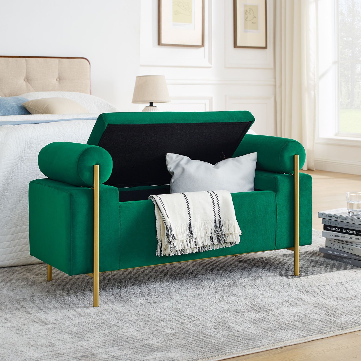 Elegant Upholstered Velvet Storage Bench with Cylindrical Arms and Iron Legs for Hallway Living Room Bedroom, Green image 5