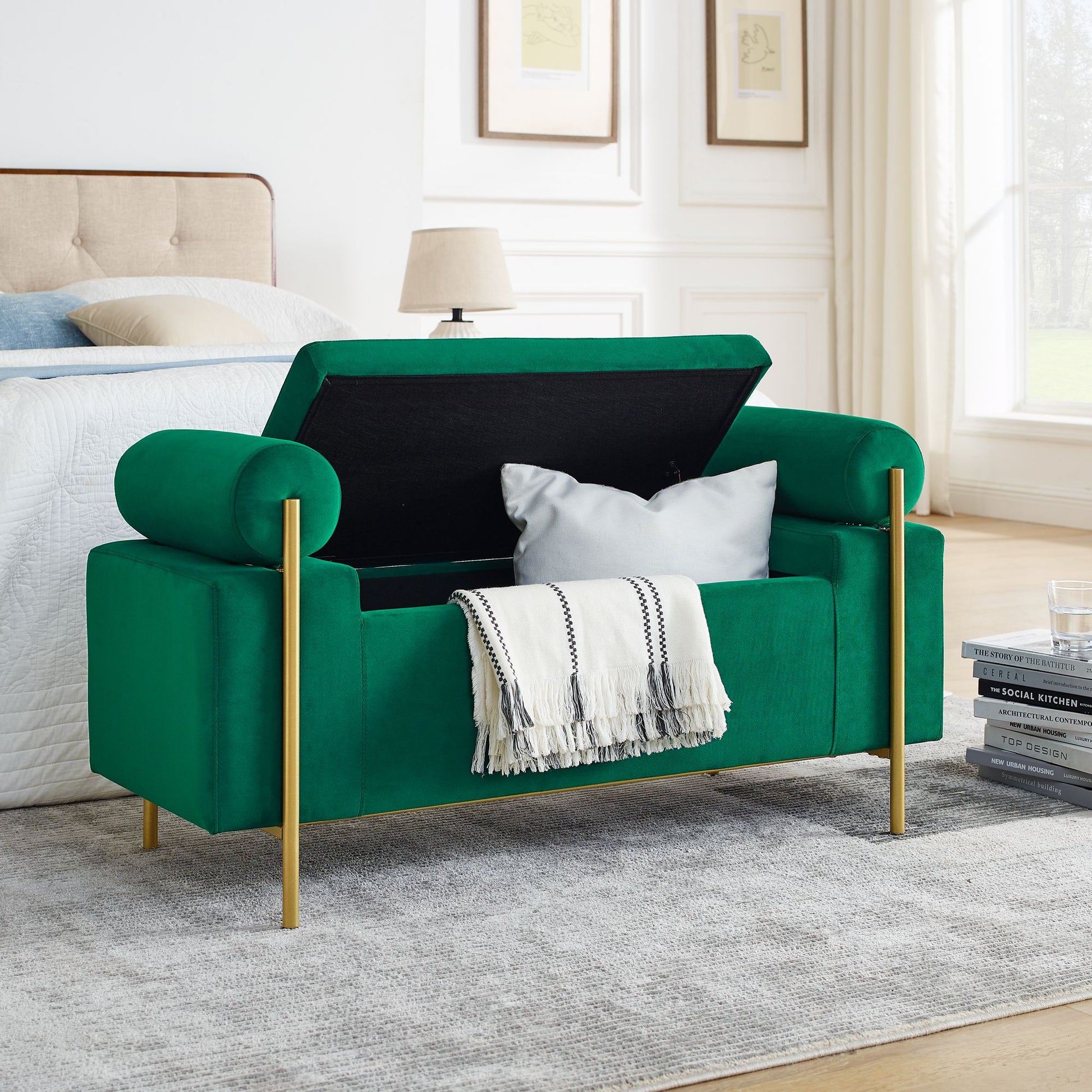 Elegant Upholstered Velvet Storage Bench with Cylindrical Arms and Iron Legs for Hallway Living Room Bedroom, Green image 5