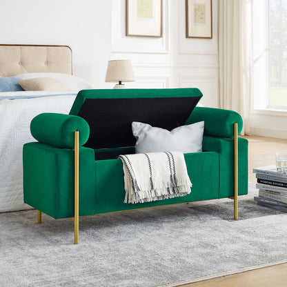 Elegant Upholstered Velvet Storage Bench with Cylindrical Arms and Iron Legs for Hallway Living Room Bedroom, Green image 5