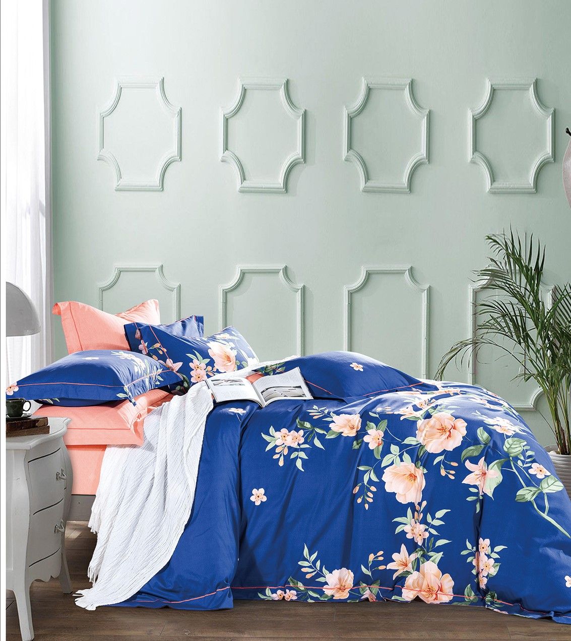 Elizabeth Blue/Orange Floral  100% cotton Reversible Comforter Set image 1