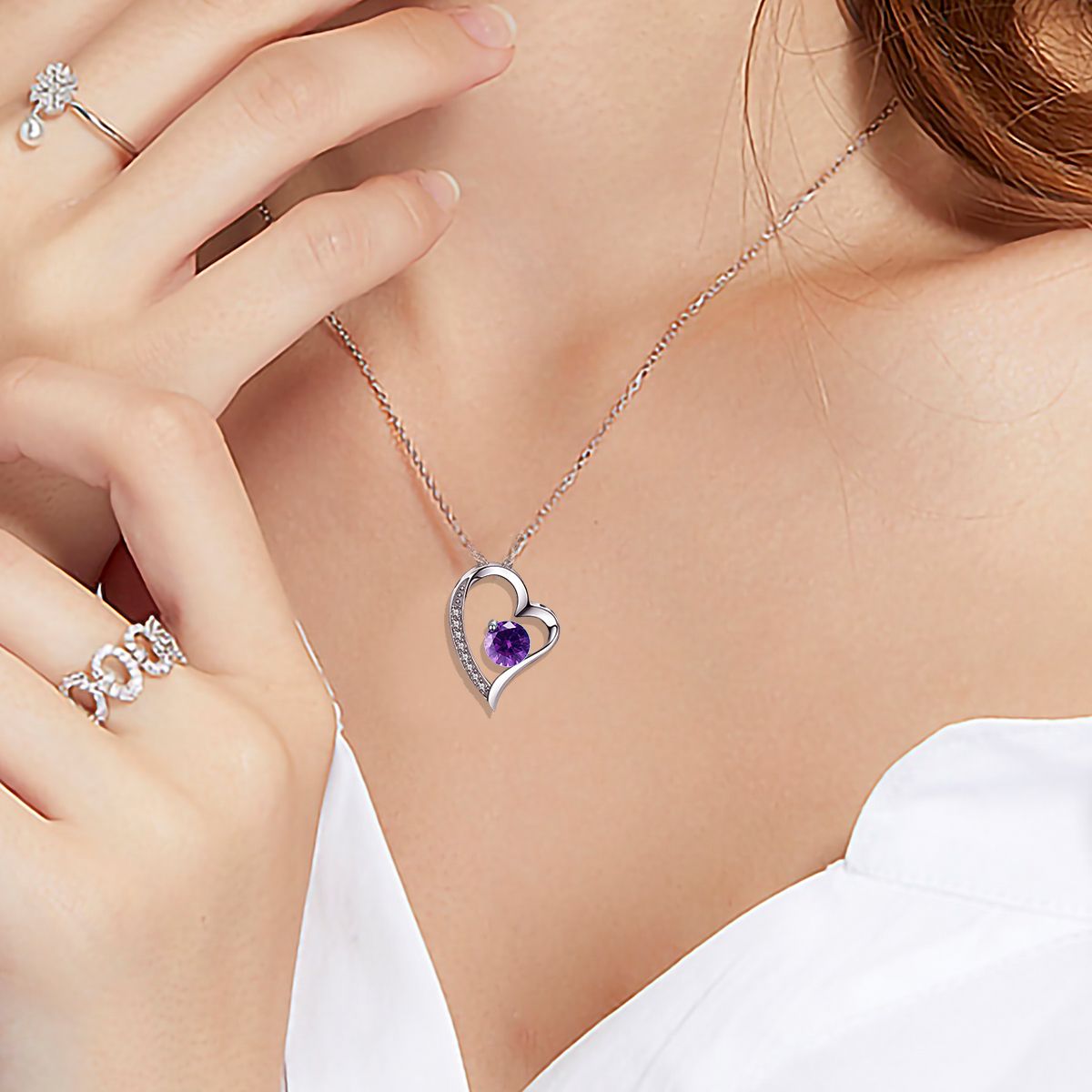 Emma Manor Heart Necklace 14K White Gold Plated Round Cut Cubic Zirconia Forever Lover Heart Pendant Necklace for Women  image 9