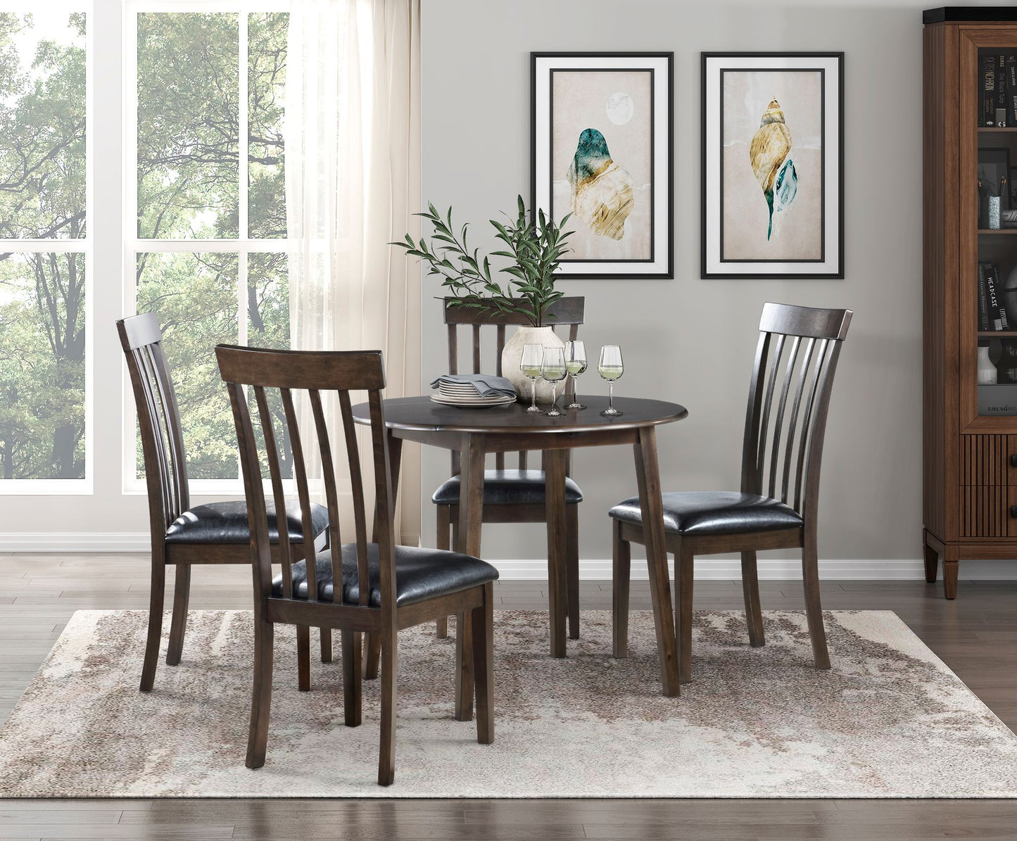 Espresso Finish Set of 2 Chairs Black Faux Leather Upholstered Seat Wooden Kitchen Dining Room Furniture image 7