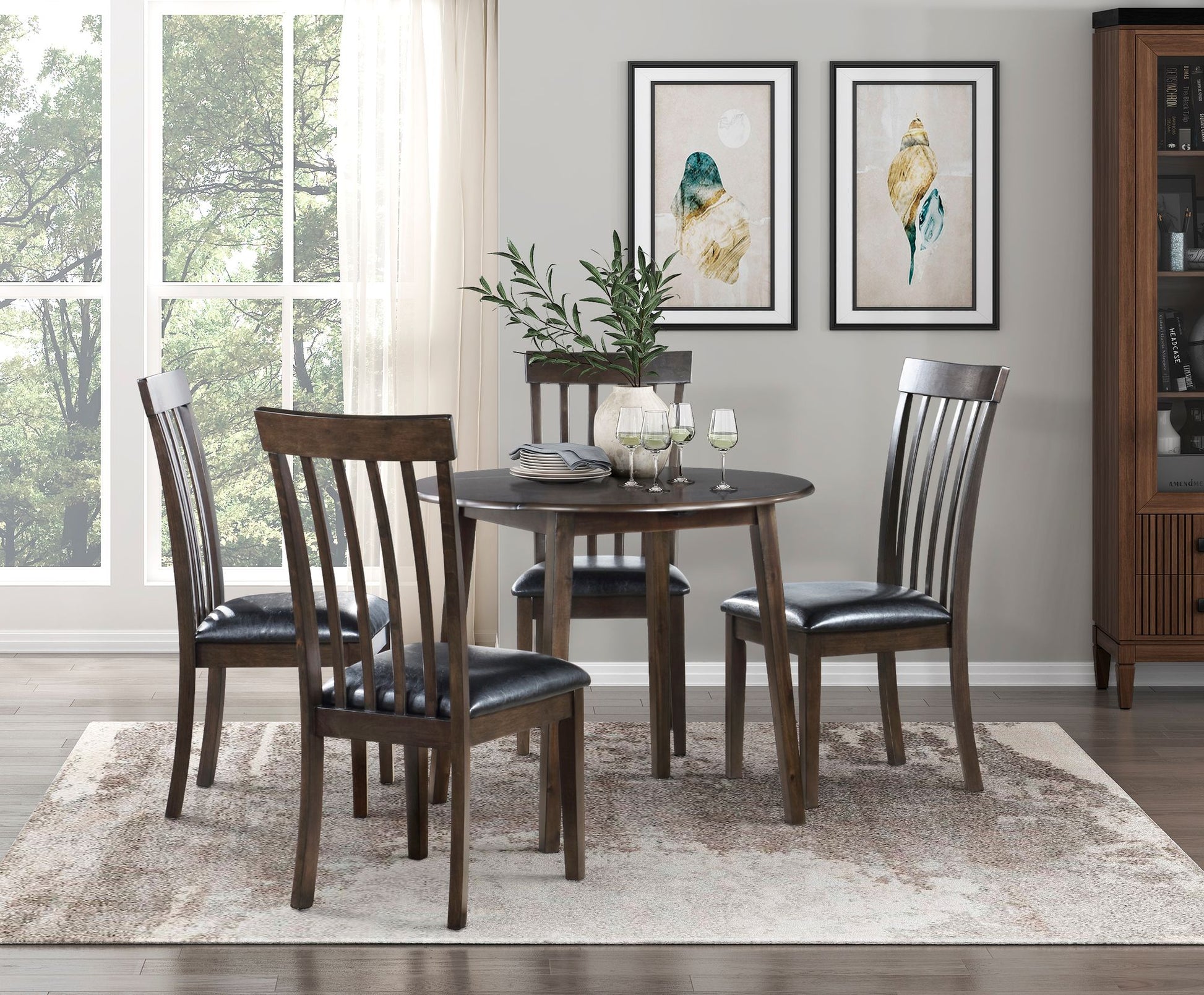 Espresso Finish Set of 2 Chairs Black Faux Leather Upholstered Seat Wooden Kitchen Dining Room Furniture image 7