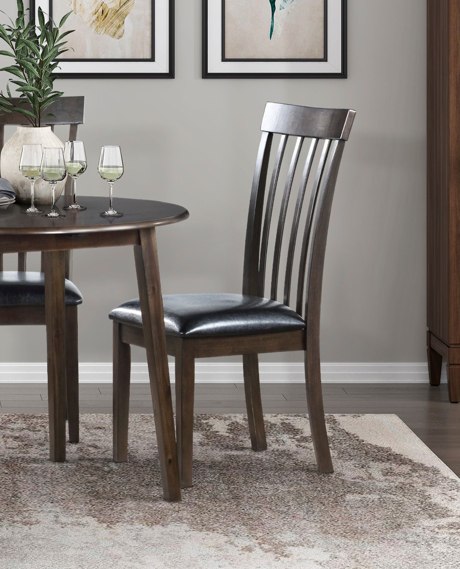 Espresso Finish Set of 2 Chairs Black Faux Leather Upholstered Seat Wooden Kitchen Dining Room Furniture image 1