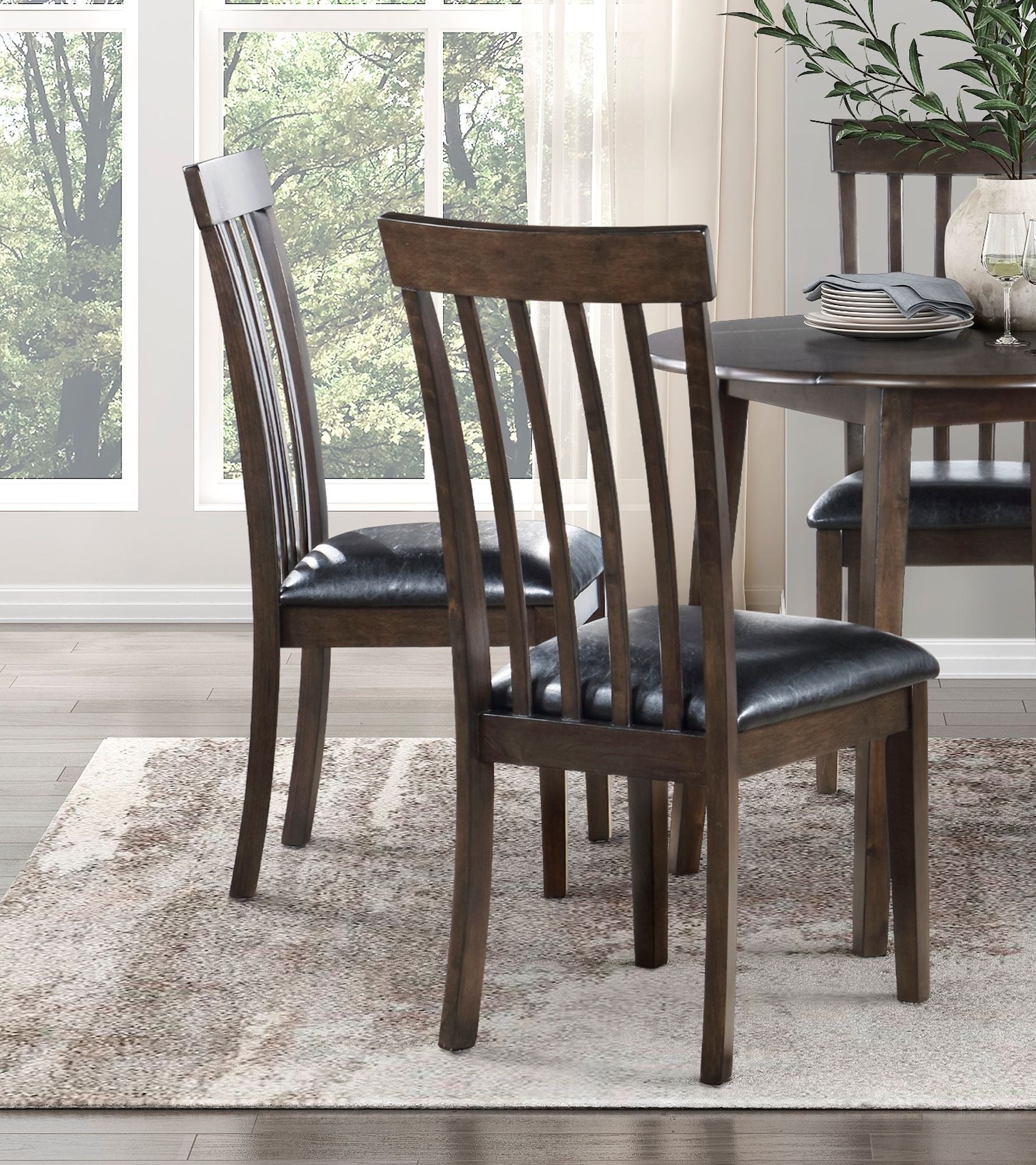 Espresso Finish Set of 2 Chairs Black Faux Leather Upholstered Seat Wooden Kitchen Dining Room Furniture image 2