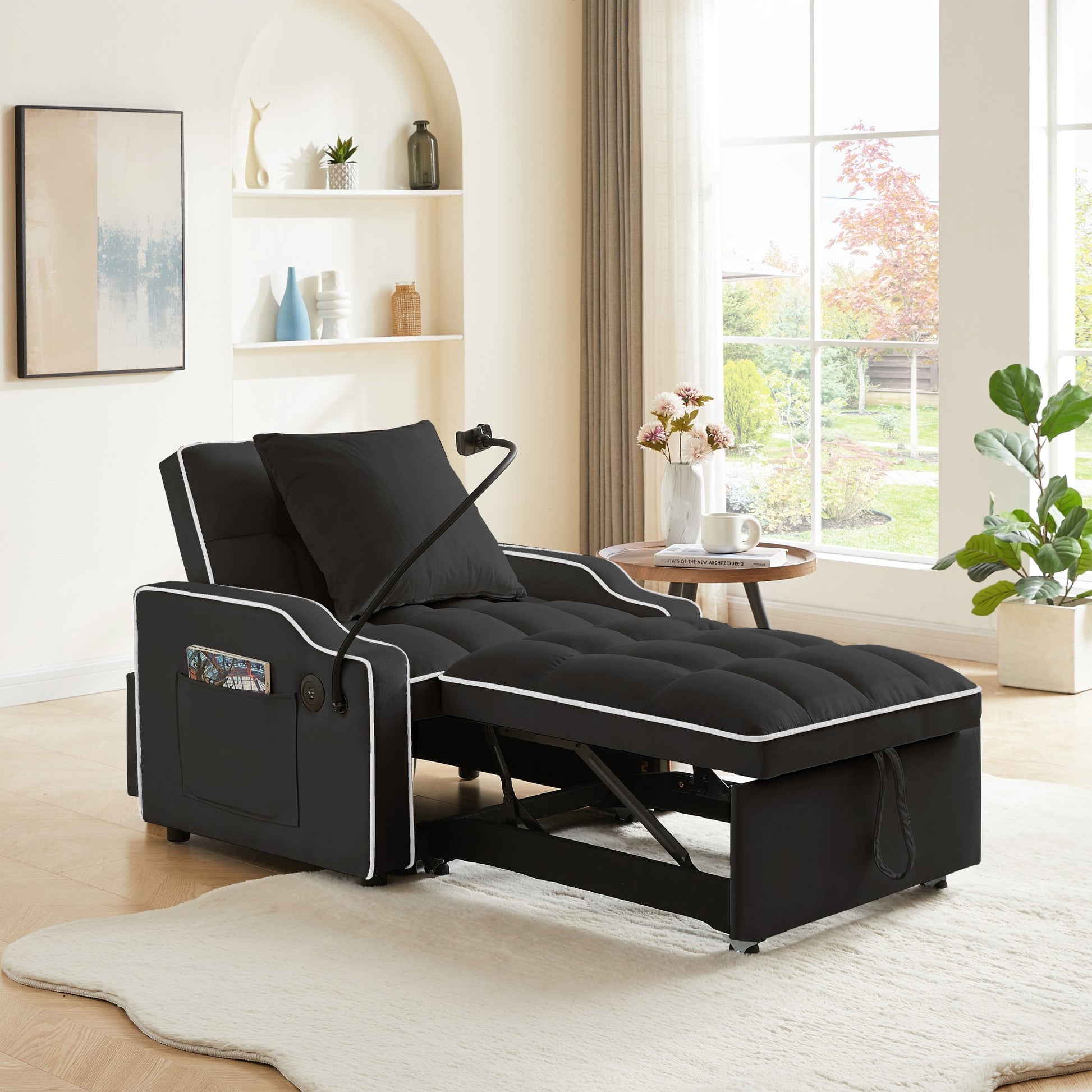 Sleeper Sofa Chair Bed, 3 In 1 Convertible Sofa Chair With With Adjustable Backrest & Phone Holder & USB, Type-C, Adjustable Recliner, Armchair For Living Room Bedroom Apartment Small Space, Black image 3
