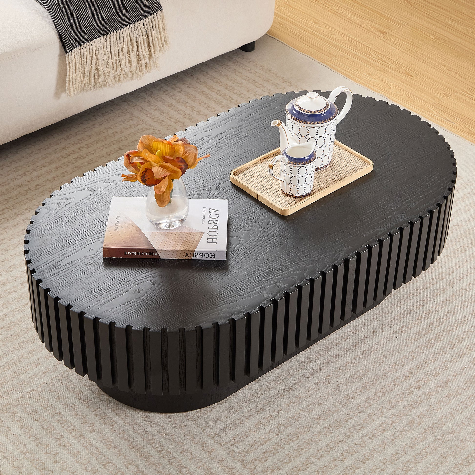 43.70 Inch Modern Handcraft Drum Coffee Table Oval Coffee Table for Living Room,Small Wooden Coffee Table with Sturdy Pedestal for Office,Black image 4