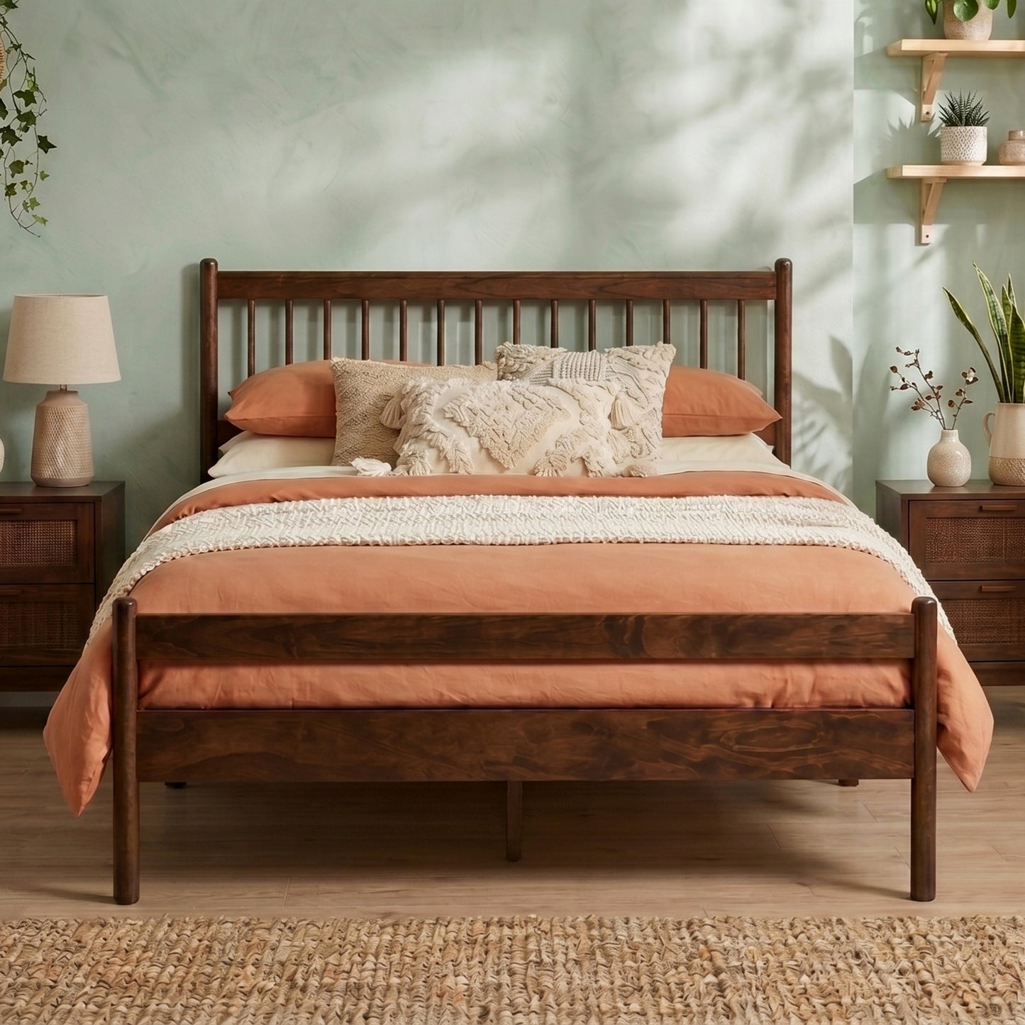 Traditional Style Queen Size Bed with Headboard and Footboard, Pinewood Bed with Strengthened Bed Frame,Walnut image 1