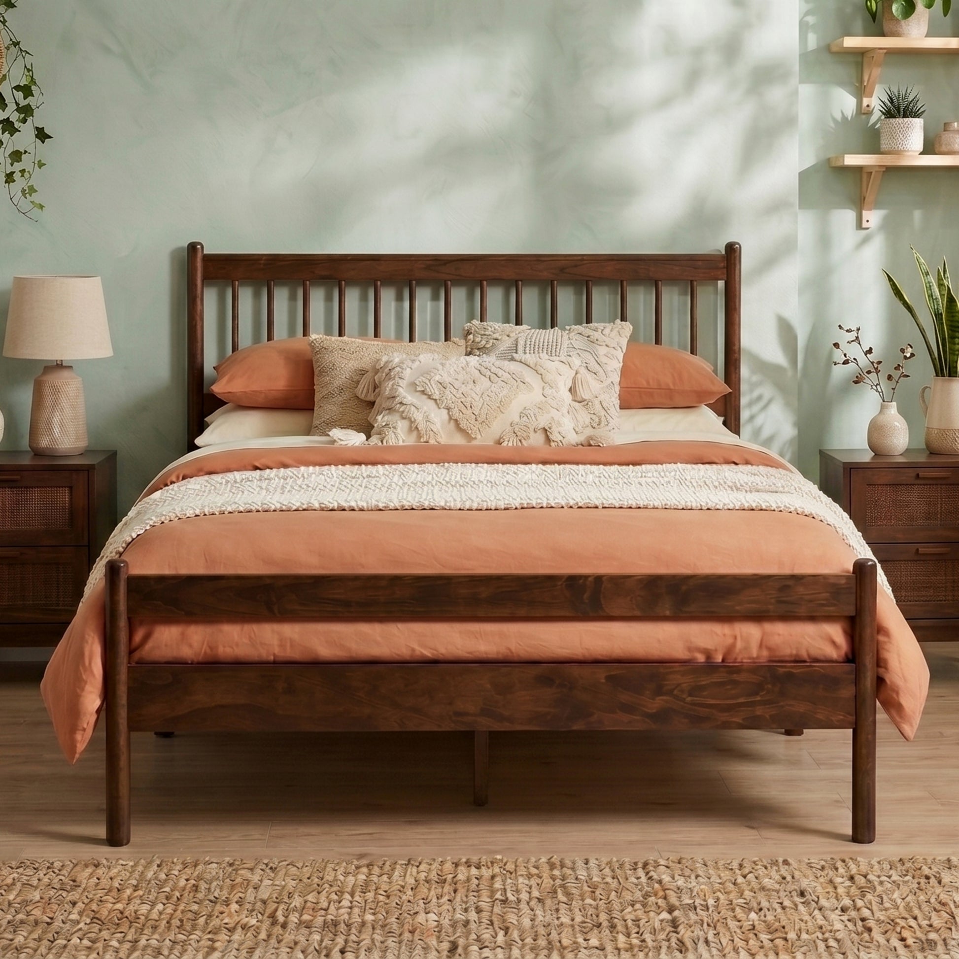 Traditional Style Queen Size Bed with Headboard and Footboard, Pinewood Bed with Strengthened Bed Frame,Walnut image 1