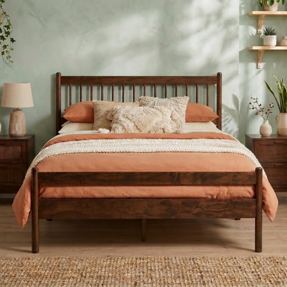 Traditional Style Queen Size Bed with Headboard and Footboard, Pinewood Bed with Strengthened Bed Frame,Walnut image 1