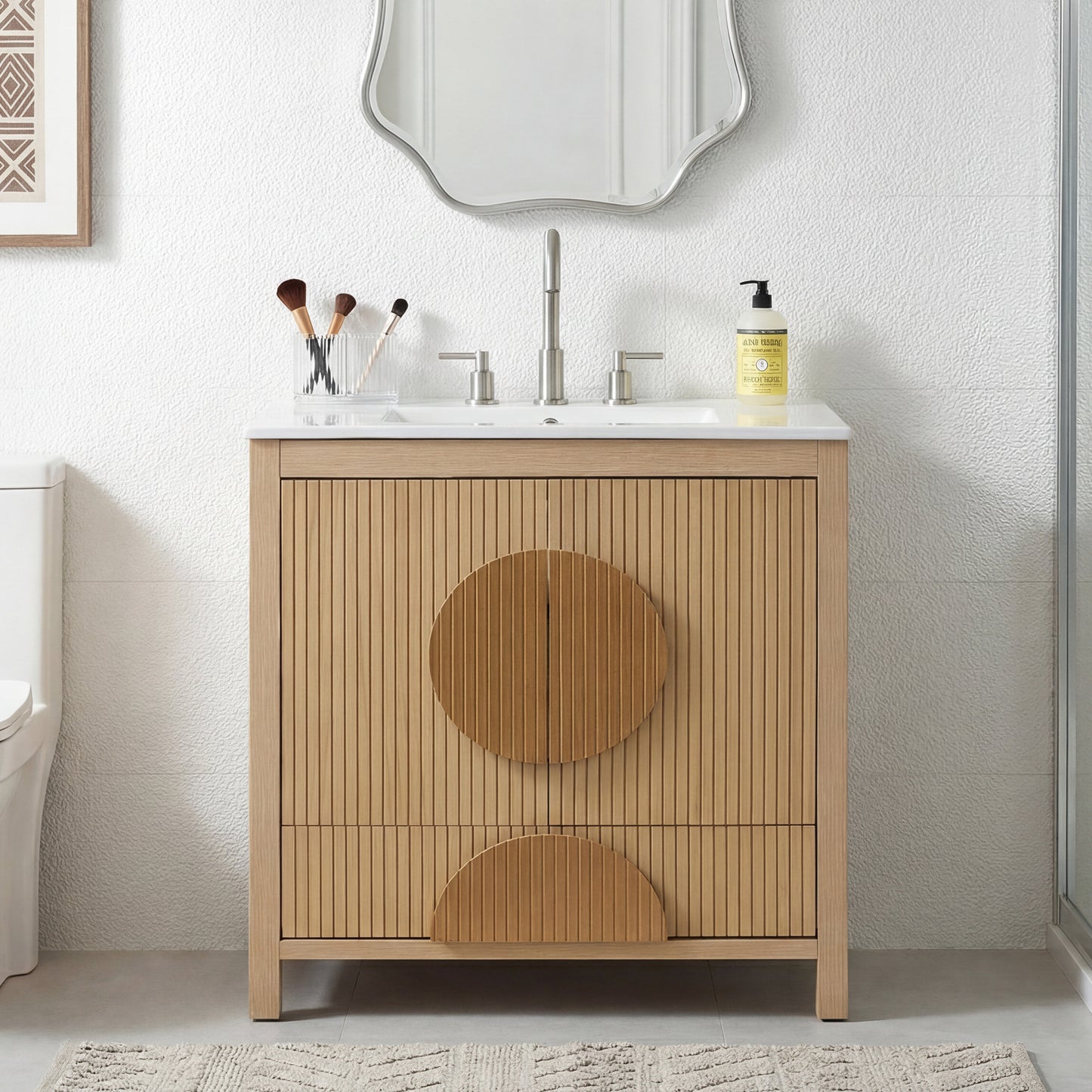 30 Inch Fluted Bathroom Vanity with Sink - Freestanding Modern Wood Cabinet with Soft-Close Doors, 1 Drawer & Open Storage, Decorative Circular Accent, Solid Wood & MDF Build, image 3