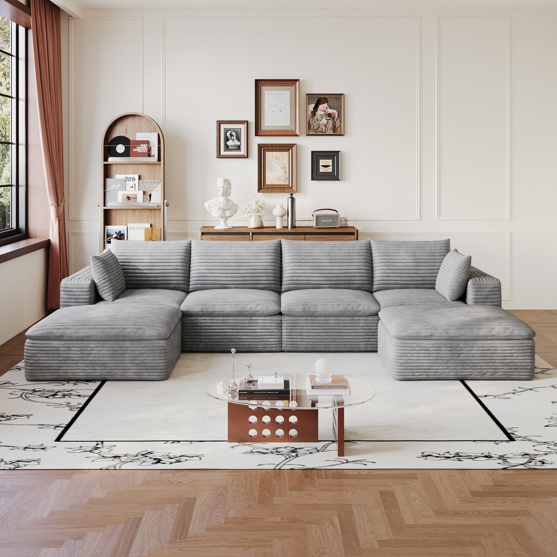 134" Cloud Sofa,Corduroy Fabric,Deep Seat Couches,Double-layer design,Removable Cushion,No Assembly, DIY Combination for Living room, Bedroom,Conference room,Apartment,Grey image 4