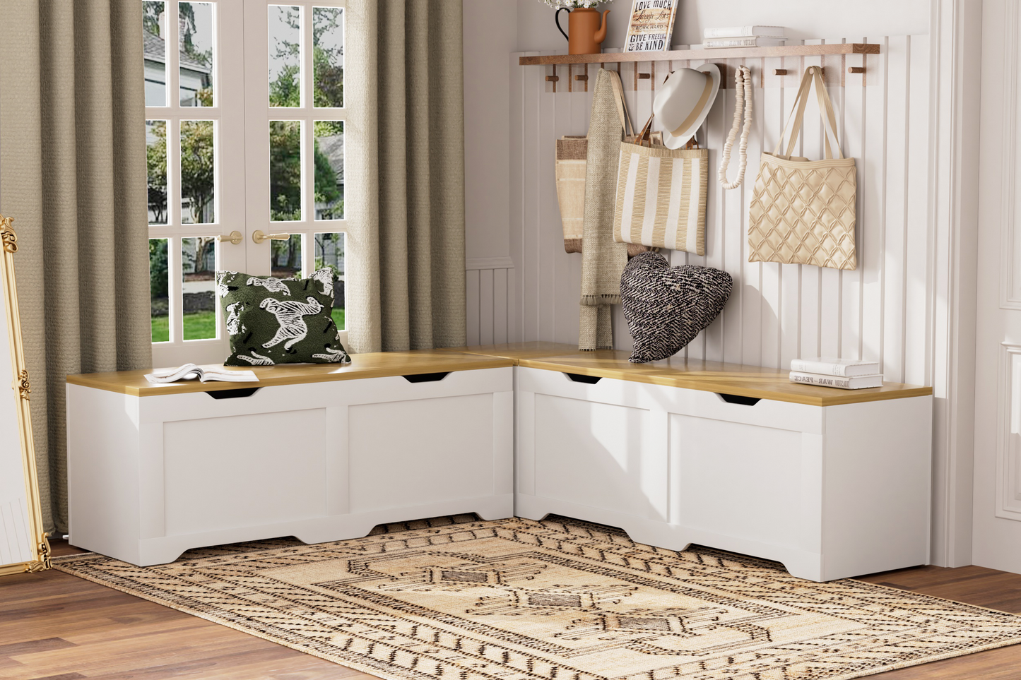 3-Piece L-Shaped Multi-Functional Storage Bench with Cushion, serving as a kitchen corner bench, toy storage box, or reading nook seat., White and Natural, 63"D x 63"W x 19.1"H image 11