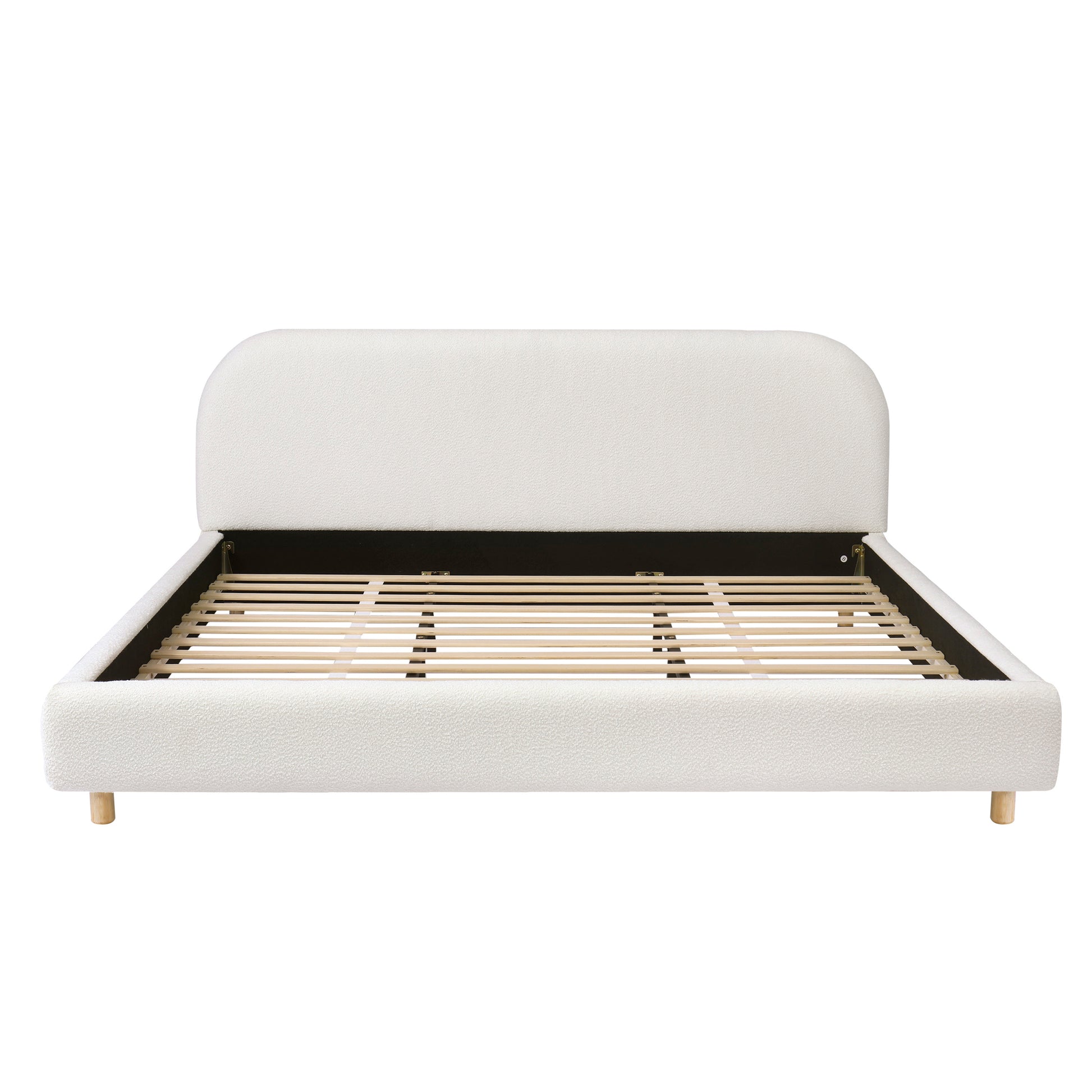 California King Size Upholstered Bed With Boucle Fabric,Curved-Shape Design Thick Headboard, Solid Wood Legs,White image 7