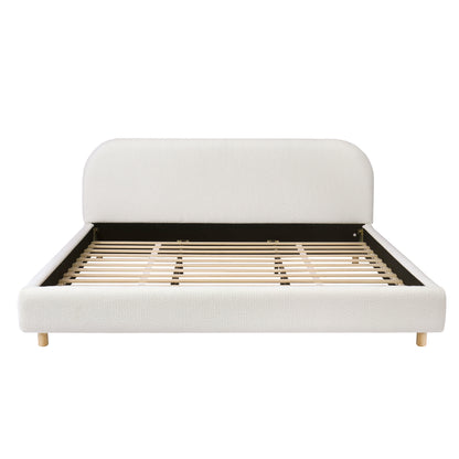 California King Size Upholstered Bed With Boucle Fabric,Curved-Shape Design Thick Headboard, Solid Wood Legs,White image 7