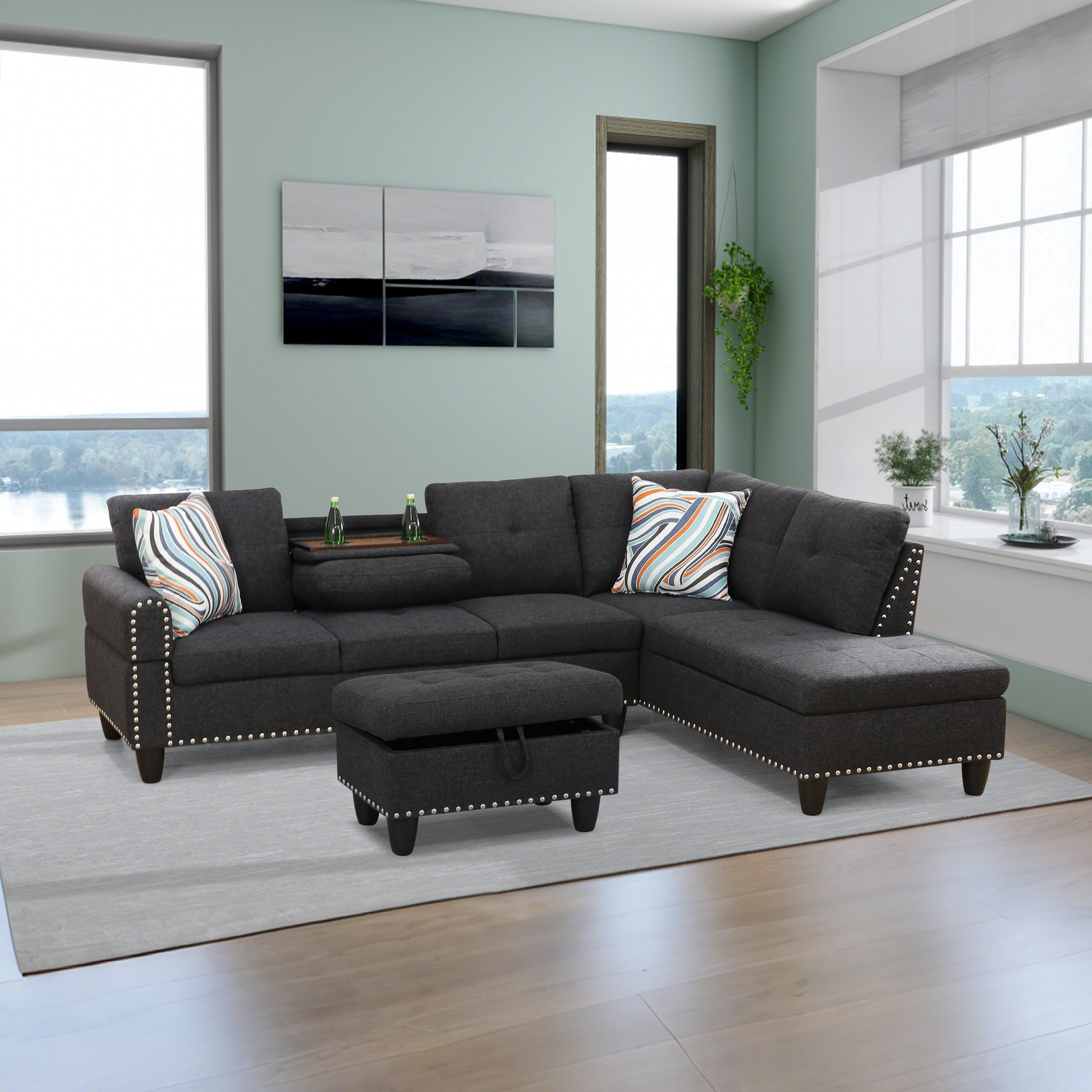 L shape Sectional Sofa Chair with cup holder - Black-Right image 2
