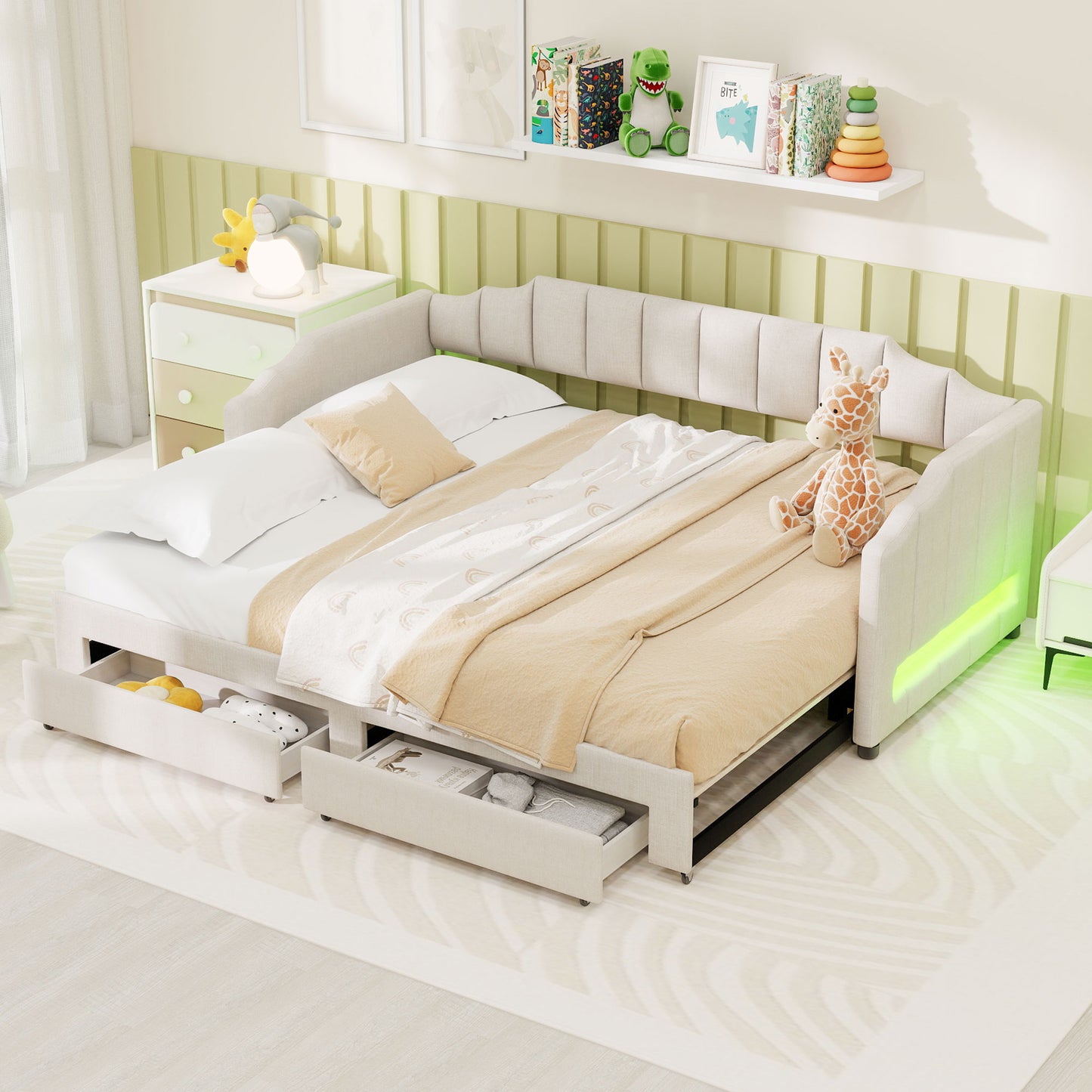 Twin XL Size Extendable Upholstered Daybed with Two Storage Drawers and LED Light,Twin XL to King Daybed,Beige image 2
