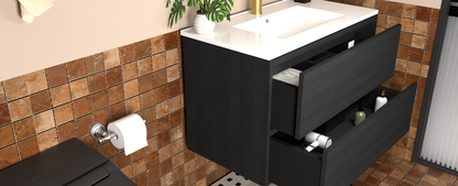 30 Inch Bathroom Vanity Cabinet With Ceramic Sink - Gray Wall Mounted Floating Fluted Vanity With Drawers, Modern image 5