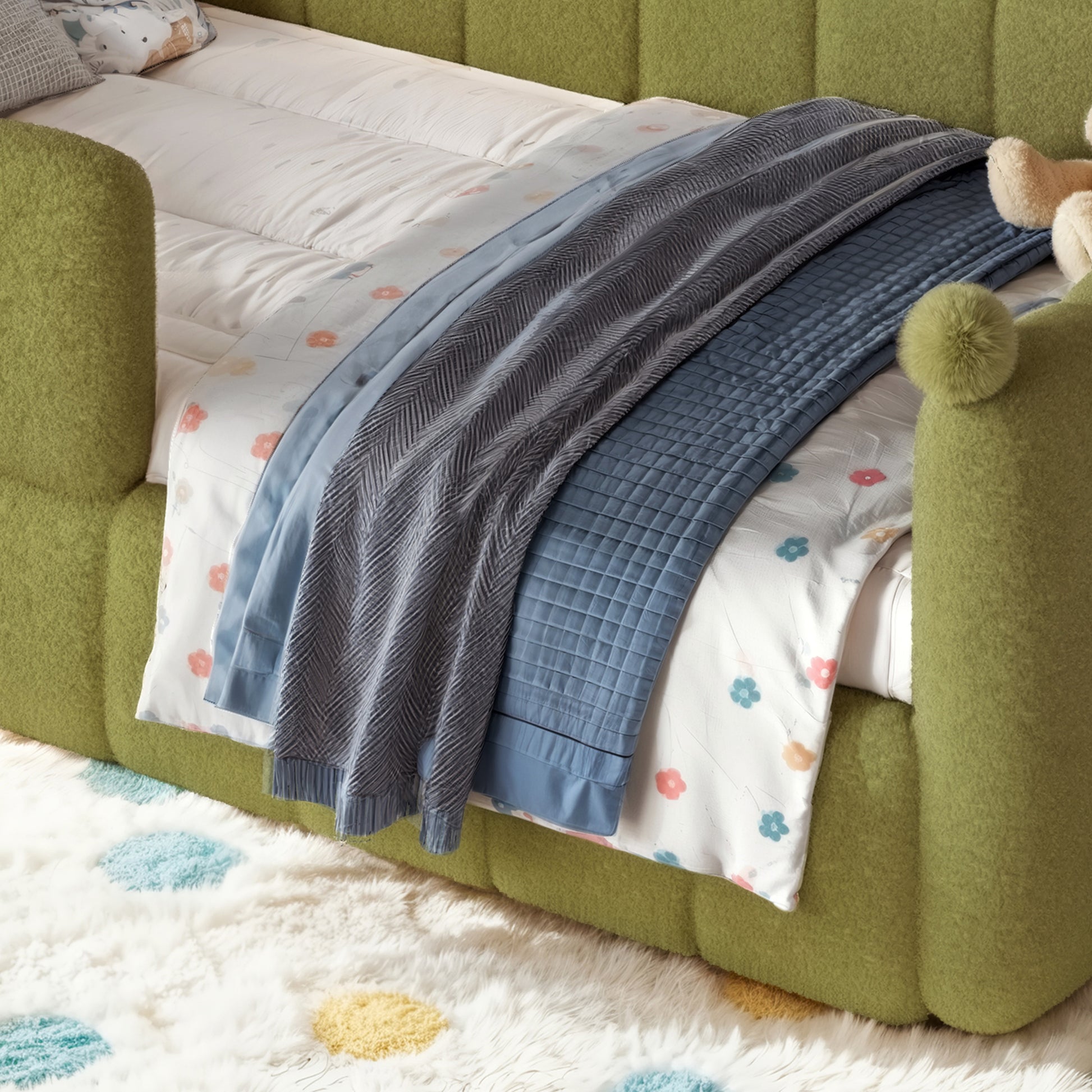 Twin Size Kids Soft Upholstered Floor Bed, Montessori Floor Bed with Full Surround Safety Rails, Low to Ground Child Bed Frame for Boys Girls, Green image 9