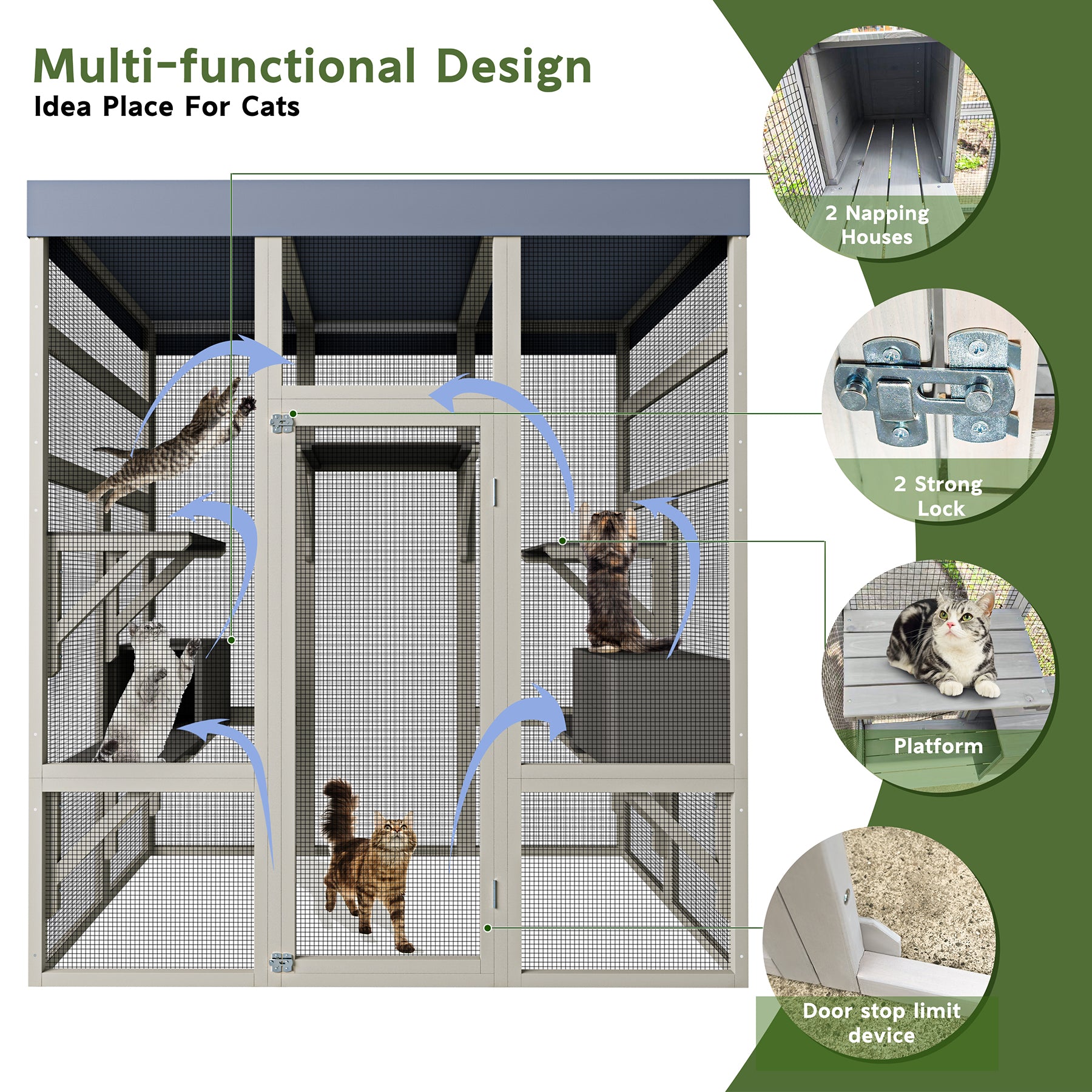 62.6" Wooden Catio for Cats, Large Cat Enclosure with Waterproof cover, 2 Napping House, Platforms & Galvanized Metal Wire – Secure Pet Cage Shelter image 6