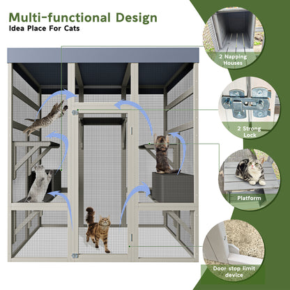 62.6" Wooden Catio for Cats, Large Cat Enclosure with Waterproof cover, 2 Napping House, Platforms & Galvanized Metal Wire – Secure Pet Cage Shelter image 6