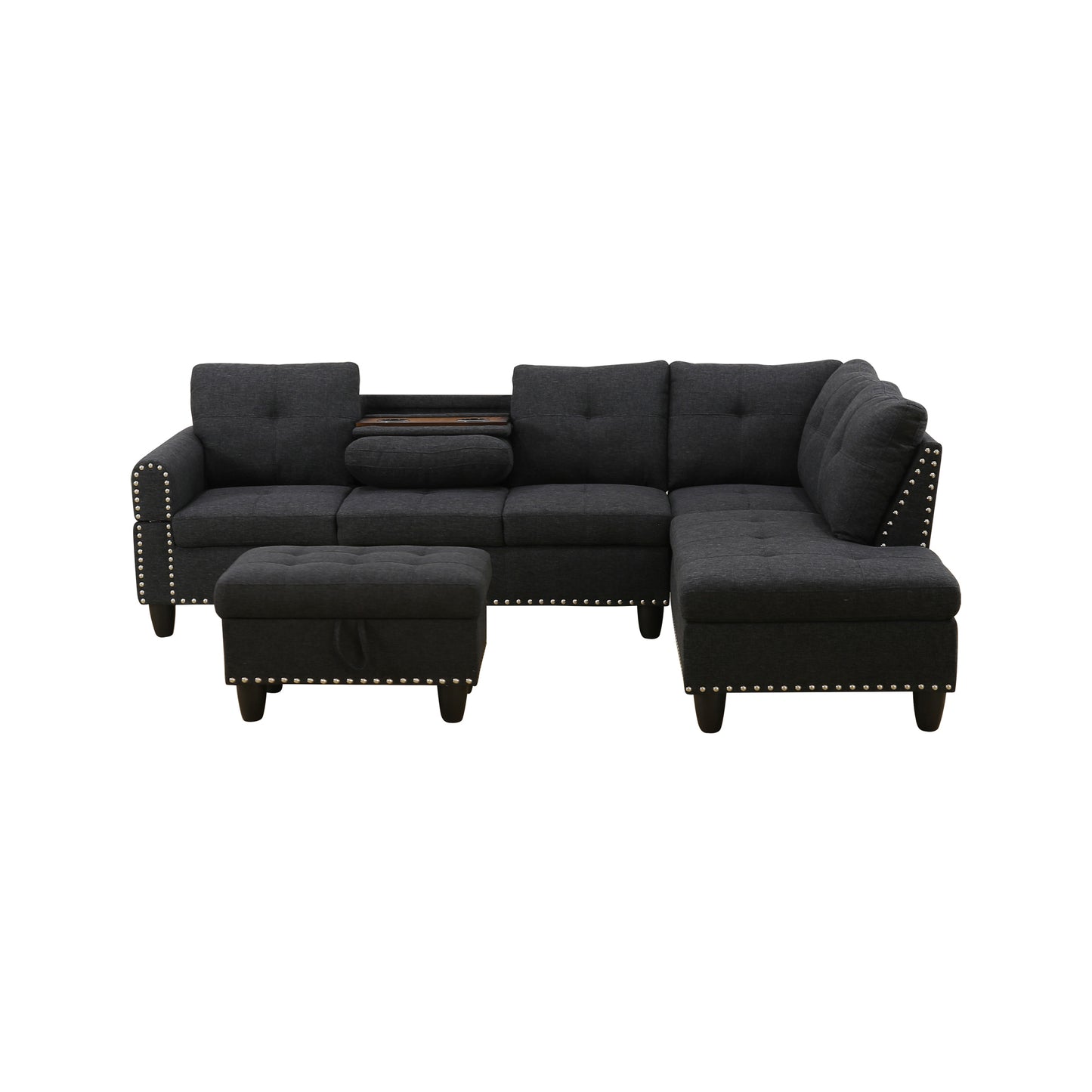 L shape Sectional Sofa Chair with cup holder - Black-Right image 9