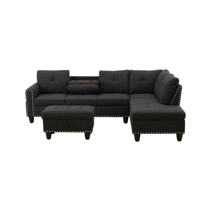 L shape Sectional Sofa Chair with cup holder - Black-Right image 9