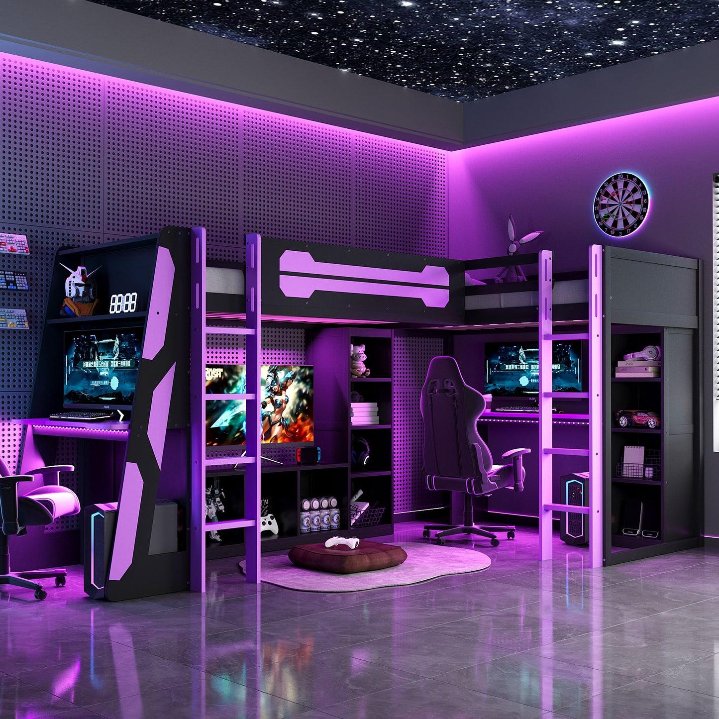 L-Shaped Wooden twin Size Gaming Bed Frame with RGB LED Lights, Dual twin Beds, USB Ports, TV Stand & Storage Shelves, Reversible Layout, Space-Saving Wood Loft Bed for Teens & Adults-Purple image 1