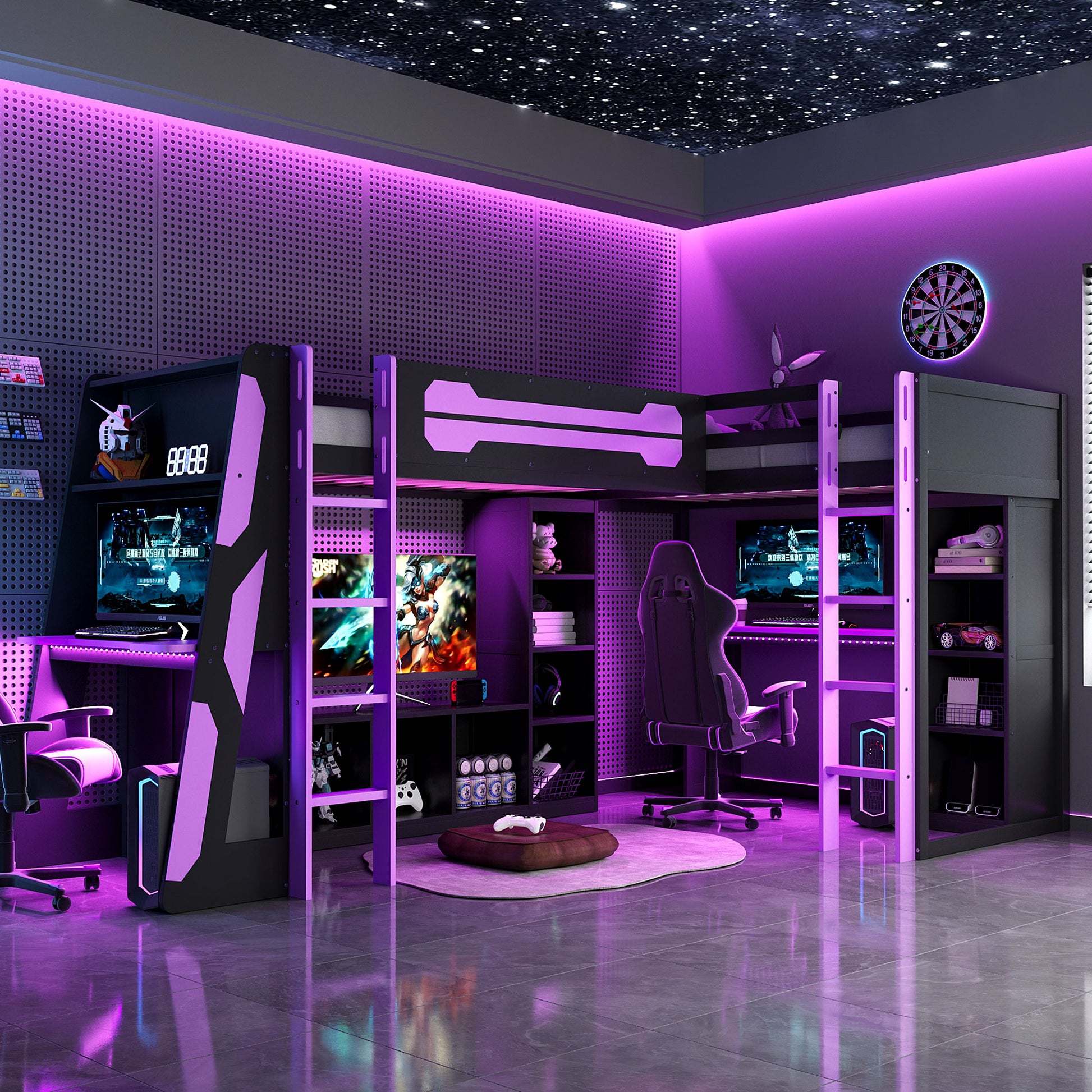 L-Shaped Wooden twin Size Gaming Bed Frame with RGB LED Lights, Dual twin Beds, USB Ports, TV Stand & Storage Shelves, Reversible Layout, Space-Saving Wood Loft Bed for Teens & Adults-Purple image 1