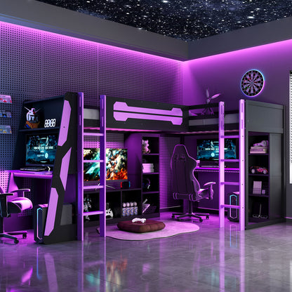 L-Shaped Wooden twin Size Gaming Bed Frame with RGB LED Lights, Dual twin Beds, USB Ports, TV Stand & Storage Shelves, Reversible Layout, Space-Saving Wood Loft Bed for Teens & Adults-Purple image 1