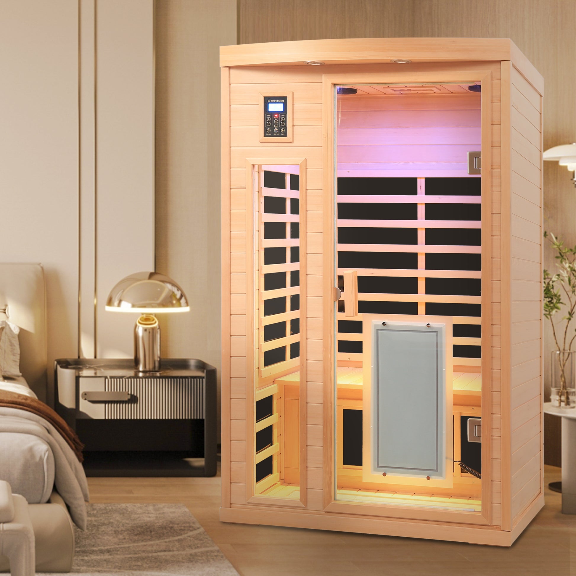 Low EMF, There is also a heating plate on the glass door, Hemlock wood Far-infrared indoor Two person sauna room image 8