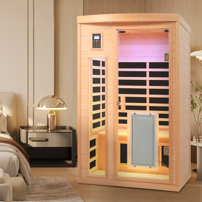 Low EMF, There is also a heating plate on the glass door, Hemlock wood Far-infrared indoor Two person sauna room image 8