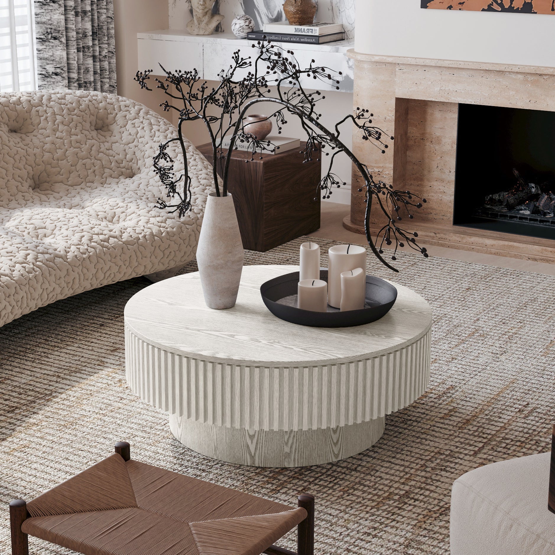 31.5'' Round Coffee Table with Storage Solid Wood Veneered Modern Coffee Table Accent Tea Table for Living Room, Bedroom, Apartment or Office, Retro White image 3