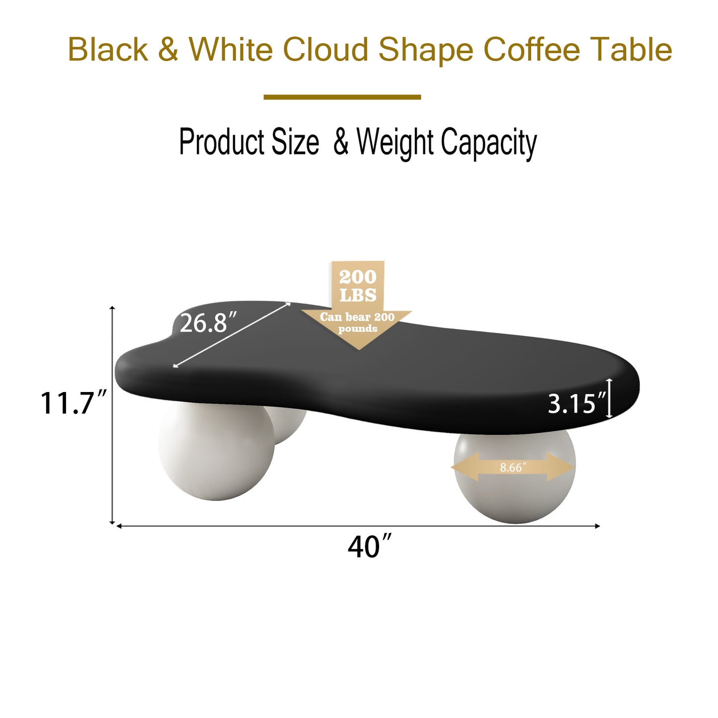 40 Inch Cloud Shaped Coffee Table with 3 Ball Legs for Living Room, Black Top White Legs image 9
